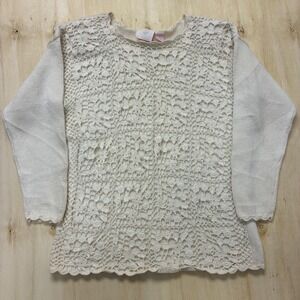 Vintage Dana Scott Sweater Womens Large White Knit Floral Crochet Lace Pullover